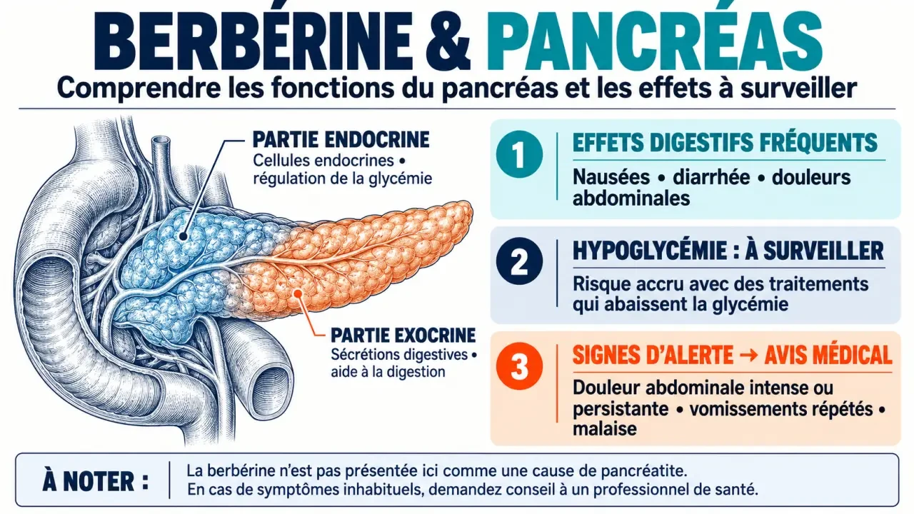 Infographie sur le danger de la berbérine pour le pancréas, les effets digestifs, l’hypoglycémie et les signes d’alerte