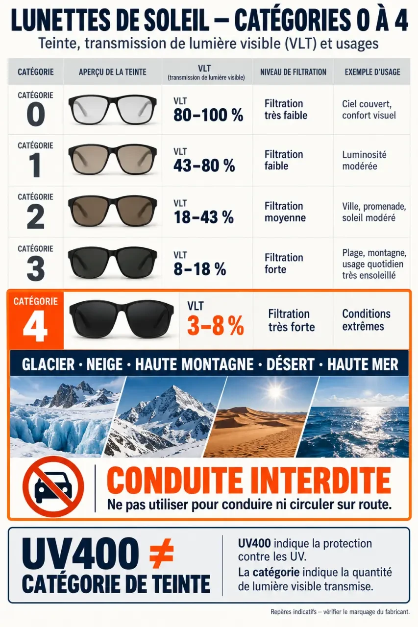 Infographie des catégories de lunettes de soleil 0 à 4 et usages des lunettes de soleil catégorie 4