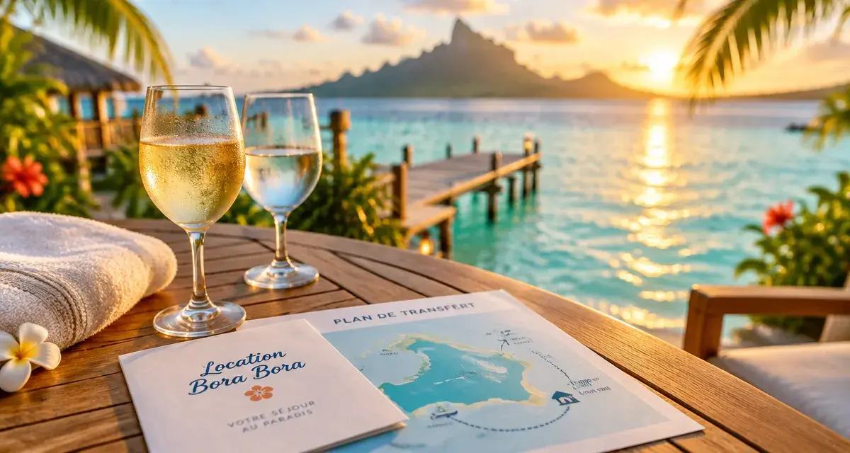 Location vacances Bora Bora : terrasse et ponton au coucher du soleil, eau turquoise