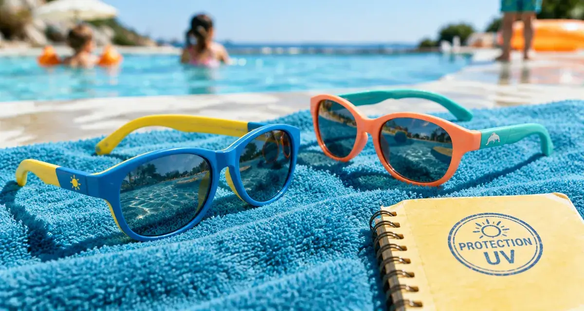 Lunettes de soleil enfant sur serviette, protection UV