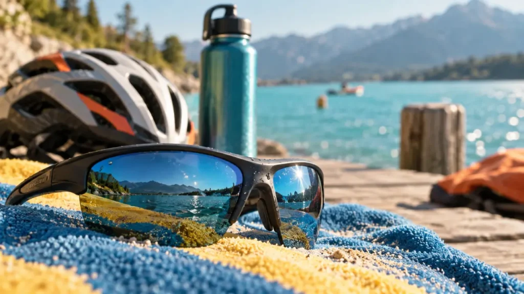 Lunettes de soleil sport sur serviette près du lac, reflets contrôlés