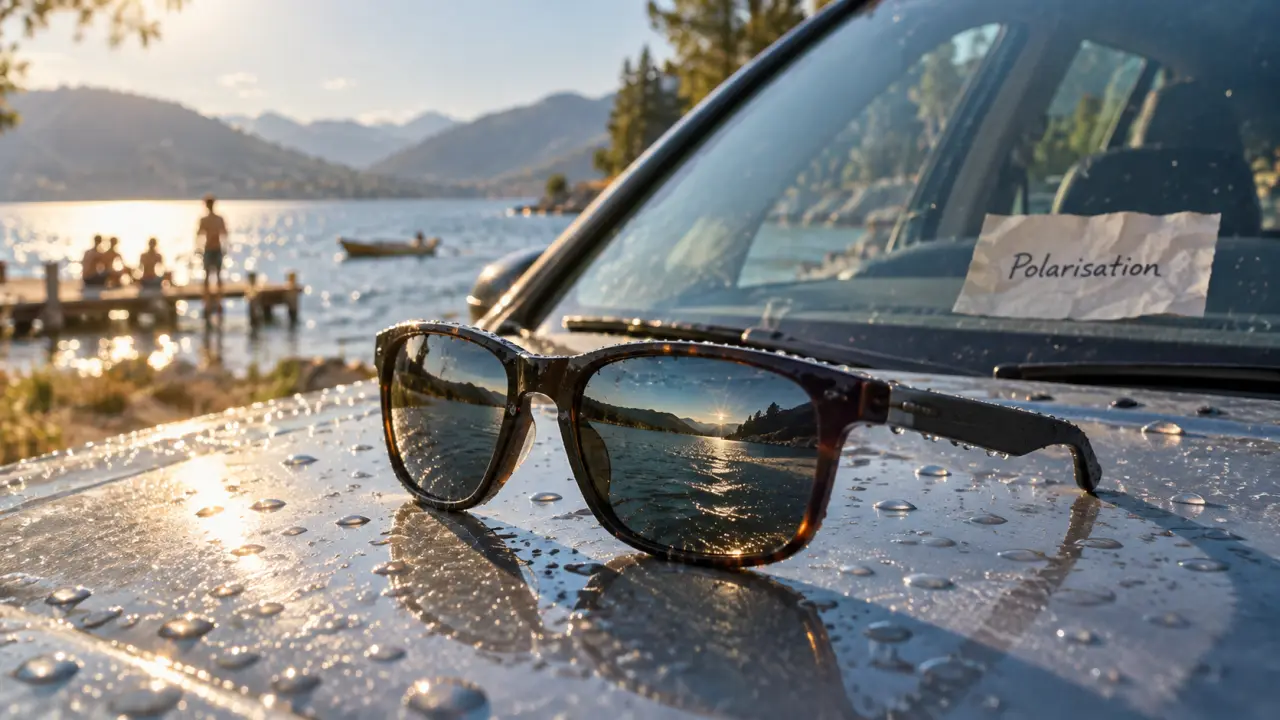 Polarisation lunettes de soleil : reflets réduits sur verre au lac